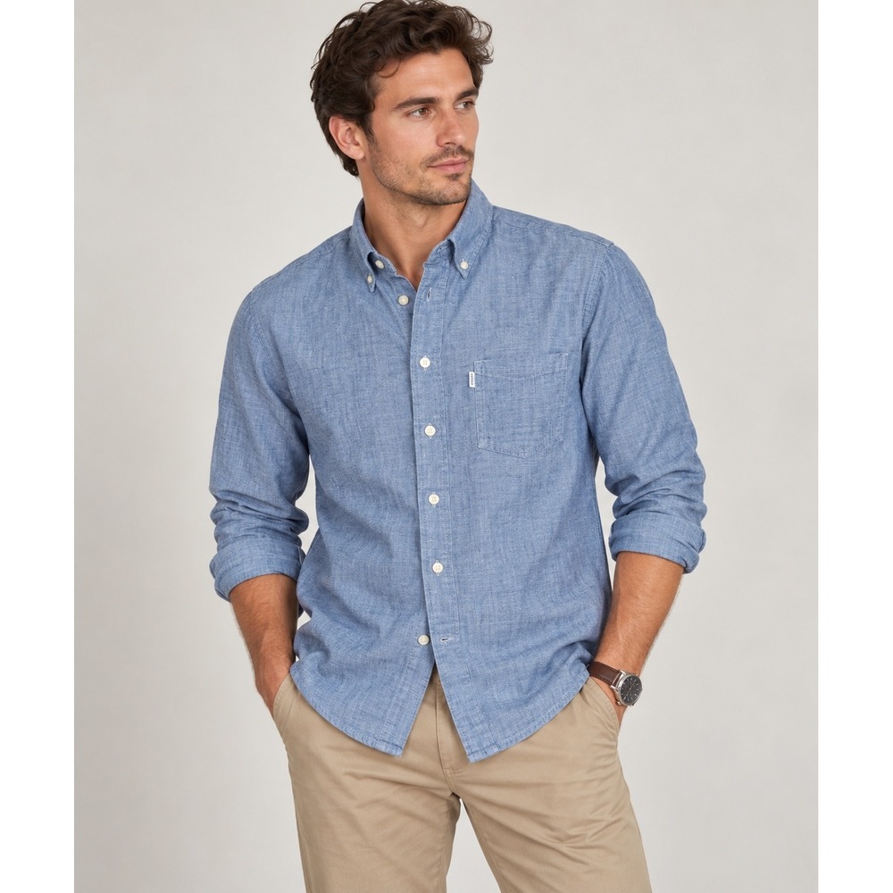 Levis Chambray Button Down Shirt Classic Workwear Casual Large Blue